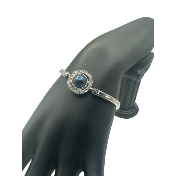 Silver Tone Bangle Bracelet With Blue Stone & Rhinestone Accents Lobster Clasp - Picture 2 of 6
